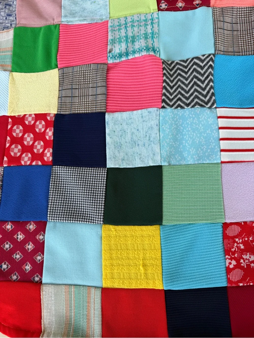 Vintage Double Knit Polyester Patchwork Scrap Quilt Bright Colorful 45x66